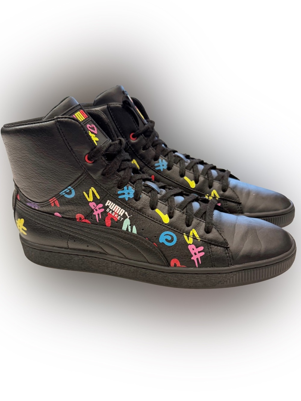 Puma Bradley Theodore Men MidTop Sneakers Black Leather Graffiti Graphic Sz 10.5